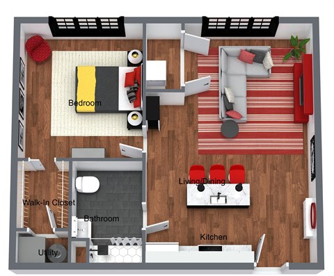 Floor plan for 1 bed, 1 bath, 680 sqft